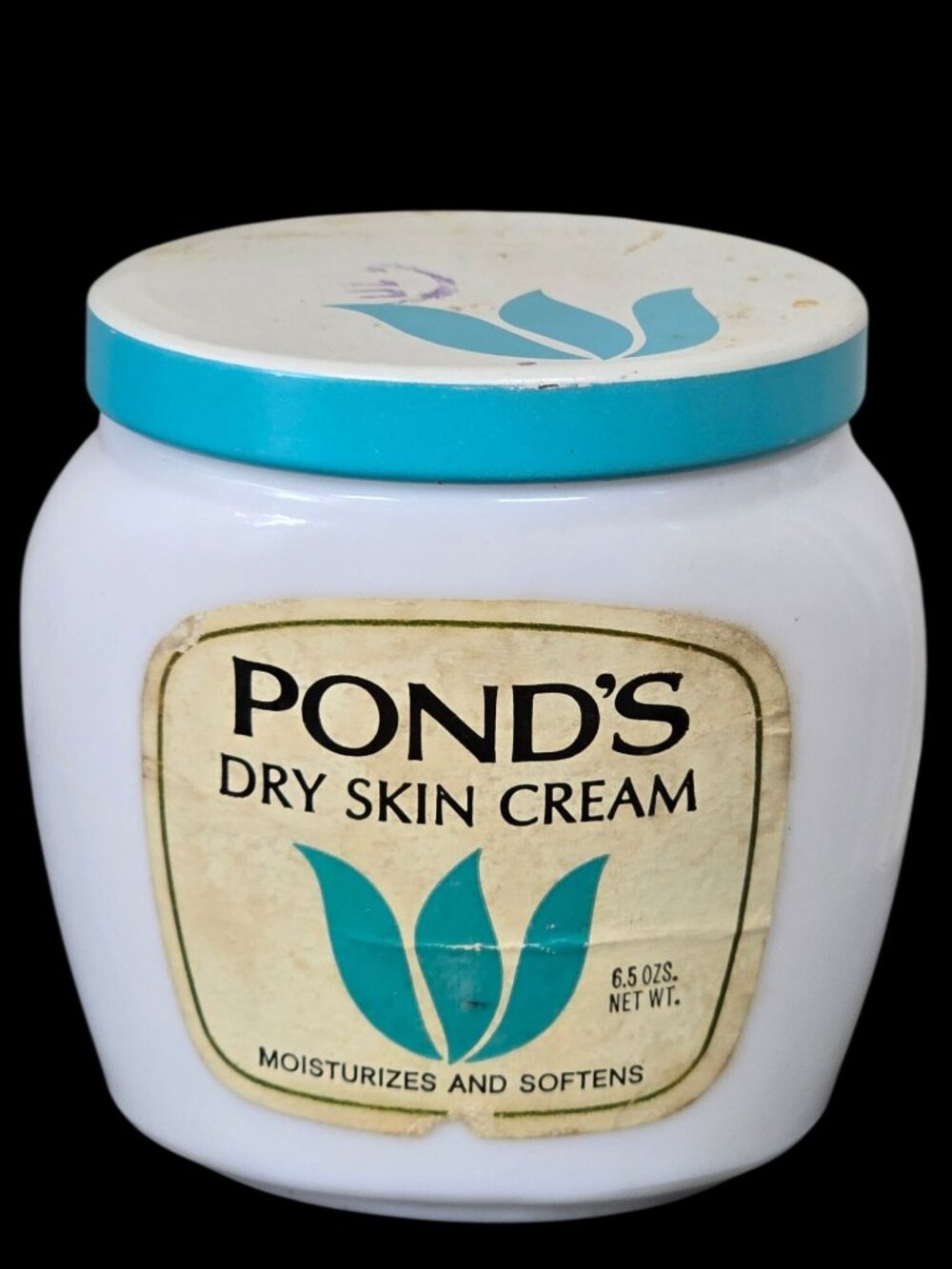 Vintage Ponds Dry Skin Cream Milk Glass Jar 6.5 Oz Large-Size